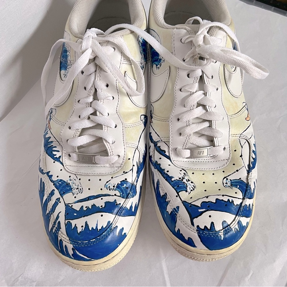 Nike Air White and Blue Ocean Waves Great Wave Custom Drawn Sneakers - Picture 2 of 14